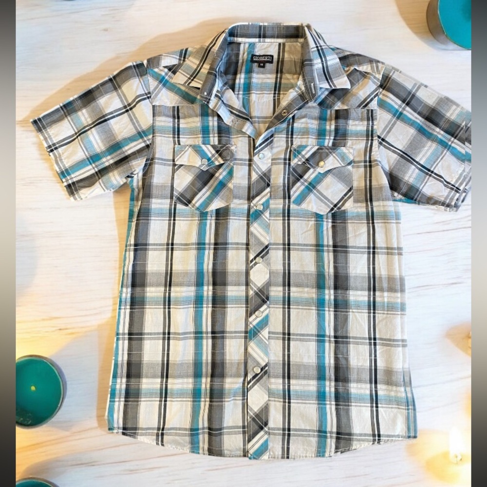 Gioberti Men Shirt Sz 16 Pearl Snap Italy Plaid Western Rancher Sleeve Blue